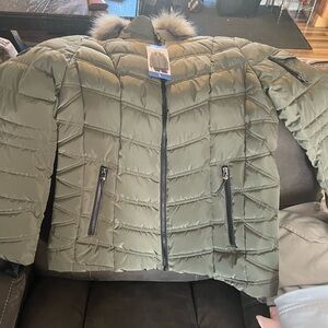 Nautica Olive Puffer Jacket with Fur Trim
